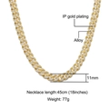 Detail view of 11mm gold-plated Cuban chain necklace with micro-pave white cubic zirconia - 11mm Width / 18 inch / Gold