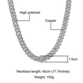 Makroansicht der 15mm Kupfer Hip-Hop-Kubakette mit Hochglanzpolitur und Mikro-Inlays - 1,5 cm breit / Silber Farbe (N02991S-18)