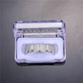 Silver hip hop grillz with cubic zirconia stones and a purple velvet jewelry box - Upper Grillz / Silver