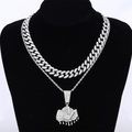 Silver iced-out dollar pendant set with thick Cuban link and rope chain necklace - Cuban Link And Rope Chain Pendant / Silver