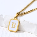 Gold stainless steel square necklace with white enamel inlay and capital letter B pendant - Letter B