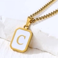 Gold stainless steel square pendant with letter C inlay and thick curb chain necklace - Letter C