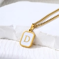 Golden square necklace with white enamel shell inlay and letter D pendant on Cuban chain - Letter D