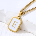 Minimalist stainless steel square pendant necklace with gold letter E and white shell inlay - Letter E