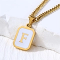 Gold stainless steel necklace with white enamel square pendant featuring metal letter F - Letter F