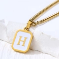 Square gold stainless steel necklace with white enamel inlay and golden letter H pendant - Letter H