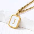 Golden square shell necklace with white enamel inlay featuring letter J on a Cuban chain - Letter J