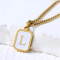 Gold curb chain necklace with square white enamel pendant featuring golden letter L - Letter L