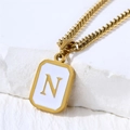 Minimalist golden square pendant necklace with white shell inlay and letter N charm - Letter N
