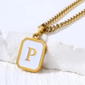 Golden Cuban chain necklace with white enamel rectangular pendant featuring letter P - Letter P