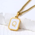 Gold square necklace featuring white enamel shell and capital letter Q pendant - Letter Q