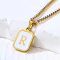 Gold stainless steel necklace with rectangular white enamel pendant featuring letter R - Letter R