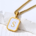 Gold stainless steel necklace featuring a square white shell pendant with the letter S - Letter S