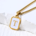 Minimalist golden stainless steel necklace with white enamel square letter T pendant - Letter T