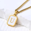 Gold stainless steel square pendant necklace featuring white enamel and letter U charm - Letter U