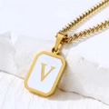 Minimalist golden square pendant necklace with a letter V on white enamel inlay - Letter V