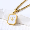 Golden stainless steel letter W necklace with shell inlay on a rectangular pendant - Letter W