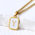 Gold stainless steel necklace with square white shell pendant featuring the letter Y - Letter Y