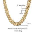 Collana cubana da 20mm in ottone placcato oro con pavé di zirconi per stile hip hop - Stile Cubano Pesante Dorato con Intarsio Completo (N03347G-18) / Oro (N03347G-18)