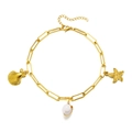 Gold stainless steel starfish and seashell anklet with paperclip chain for women - Gold