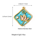 Detailed size view of square stainless steel floral pendant with blue enamel and pearl - Lotus Style (25N06482G)