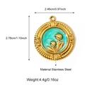 Detail of a round gold stainless steel floral pendant with green enamel and embossed flower - Flower Style (25N06483G)