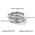 Detail view of silver stainless steel rings with clear stones and size dimensions - Silver Four-Row with Rhinestones