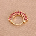Macro shot of gold clicker hoop earring with double rows of pink cubic zirconia stones - Gold Rose Red