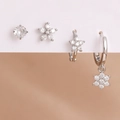 Exquisite 4-piece stainless steel zircon earring set with flower and star geometric motifs - Stud And Hoop Earring Combo / Silver