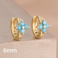Close-up of 6mm golden clover earrings featuring bright sky blue beads and polished finish - 6mm-Gold Blue-1 Pair
