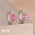 Macro shot of 6mm clover hoop earrings featuring pink cubic zirconia in silver metal - 6mm-Silver Rose Red-1 Pair