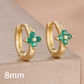 Macro shot of 8mm gold hoop earrings featuring green zircon four-leaf clover petals - 8mm-Gold Green-1 Pair