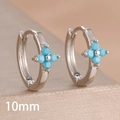 Macro view of 10mm silver clover hoop earrings featuring bright blue turquoise beads - 10mm-Silver Blue-1 Pair