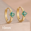 Detail of 10mm golden huggie earrings with four-leaf clover design and green stones - 10mm-Gold Green-1 Pair