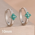 Detail of 10mm silver hinged hoop earring with four-leaf clover green zircon inlay - 10mm-Silver Green-1 Pair