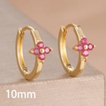 Detail view of 10mm gold-plated hoop earrings with pink clover-shaped zircon stones - 10mm-Gold Rose Red-1 Pair