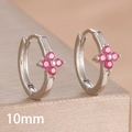 Macro shot of 10mm silver hoop earring featuring a pink zircon four-leaf clover detail - 10mm-Silver Rose Red-1 Pair