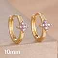 Detail view of 10mm gold hoop earrings featuring purple zircon clover floral charms - 10mm-Gold Purple-1 Pair
