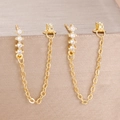 Elegant gold chain stud earrings featuring four vertical zircon stones in a sleek design - Gold White Style (Y26305)