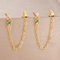 Detailed close-up of golden chain earrings featuring four colorful zircon gemstones - Gold Multicolor Style (Y26305)