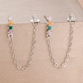 Detailed close-up of S925 silver stud earrings with colorful zircon stones and fine chain - Silver Multicolor Style (Y26305)