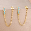 Detail of gold chain earrings with four light blue round beads in a U-shaped design - Gold Blue Style (Y26305)
