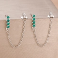 Macro shot of silver zircon drop earrings featuring four green stones and delicate O-chain - Silver Green Style (Y26305)