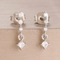 Detailed close-up of silver earrings featuring princess cut cubic zirconia stones - Silver White Style (Y26874)