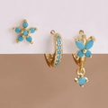 Three-piece gold earring set with micro-pave blue butterfly and floral zircon motifs - Y27392 Gold Blue