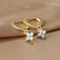 Blue flower hoop earrings with 18K gold plating and sparkling zircon accents - Flower Hoop Earrings (60029) / Gold