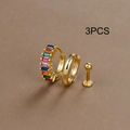 Detailed set of 3 gold-plated earrings featuring rainbow zircon and polished gold hoops - Gold with Colorful Rhinestones