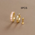 Macro shot of 3pcs gold hoop earrings and stud set featuring pink zircon stones - Gold with Pink Rhinestone