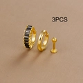 Detailed view of 3PCS gold earrings set including black zircon hoop and stud earrings - Gold With Black Rhinestone