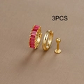 Detailed view of 3PCS gold earring set featuring red zircon huggie and stud accents - Gold with Rose Red Rhinestone